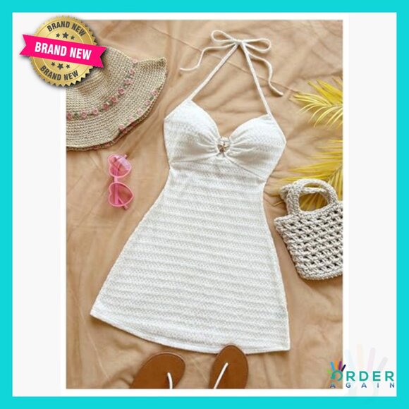 Backless Halter Mini Dress Y2K Summer Beach Vacation Sundress Casual - Picture 3 of 5